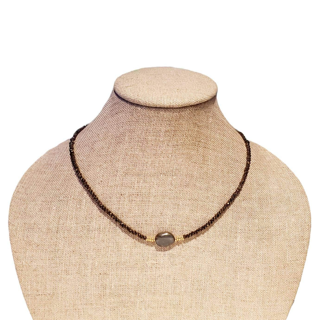 Labradorite, Pyrite, 14K Gold Filled Necklace, Blue Focal Stone, Charcoal Gray Faceted Gemstones, Round Gold Beads by E. Ria Designs