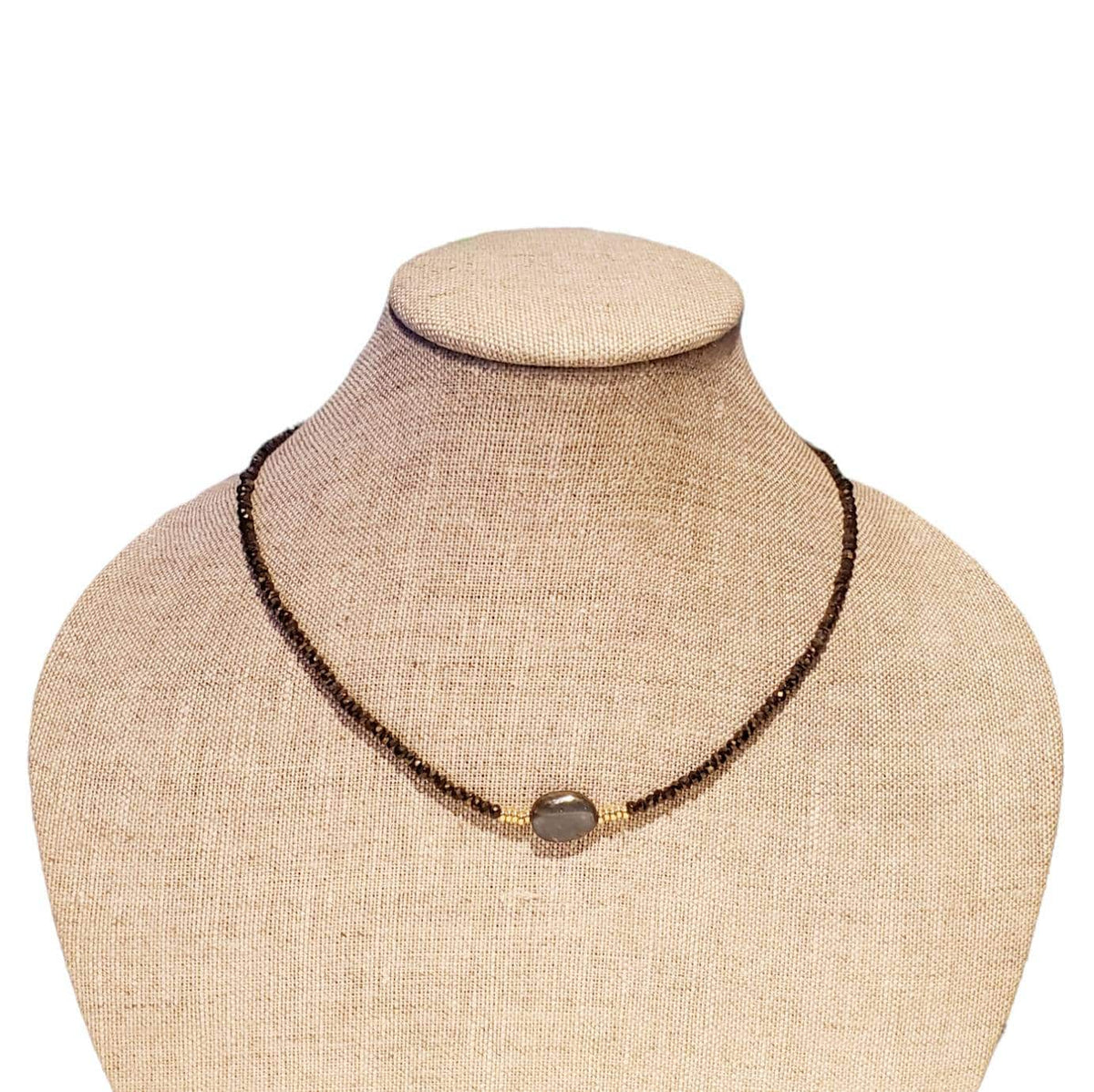 Labradorite, Pyrite, 14K Gold Filled Necklace, Blue Focal Stone, Charcoal Gray Faceted Gemstones, Round Gold Beads by E. Ria Designs