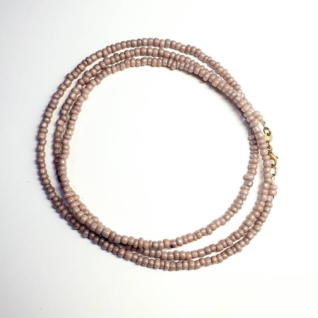 Nude Beaded Long Necklace, Layering Chain, Glass Beads, Light Tan, 14K Gold Filled Lobster Clasp, E. Ria Designs, Artisan Made Jewelry