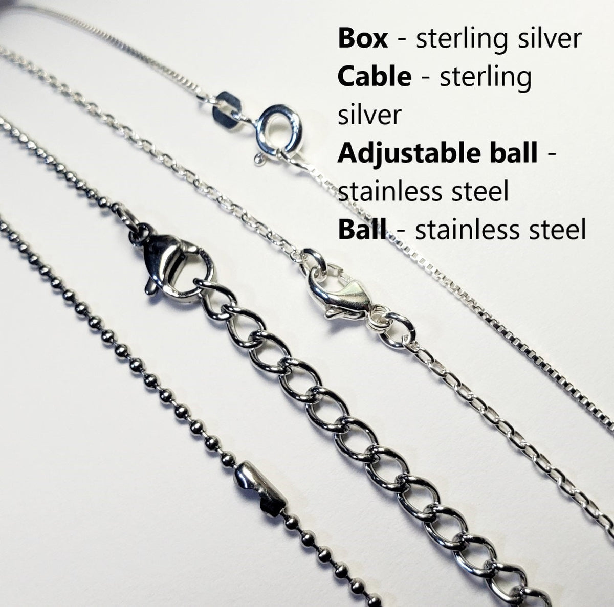 Sterling Silver Cable Chain or Box Chain, Stainless Steel Ball Chain, Adjustable Available, E. Ria Designs