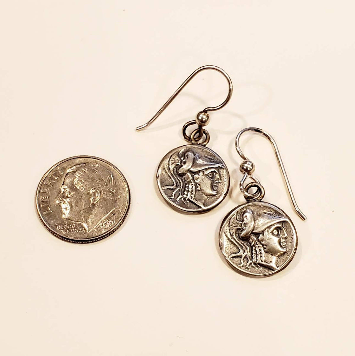Vintage Roman Coin Style Sterling Silver (.925) Earrings, French Ear Wires, Made in USA, Artisan Handcrafted, E. Ria Designs