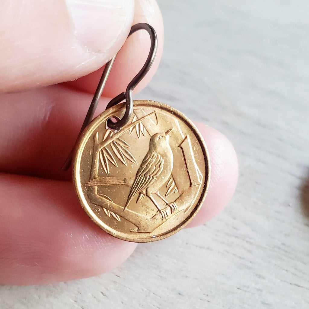 Cayman Islands Vintage Thrush Bird Coin COPPER Earrings, Solid Brass Ear Wires, Handmade Jewelry Made in USA E. Ria Designs, Gift Boxed