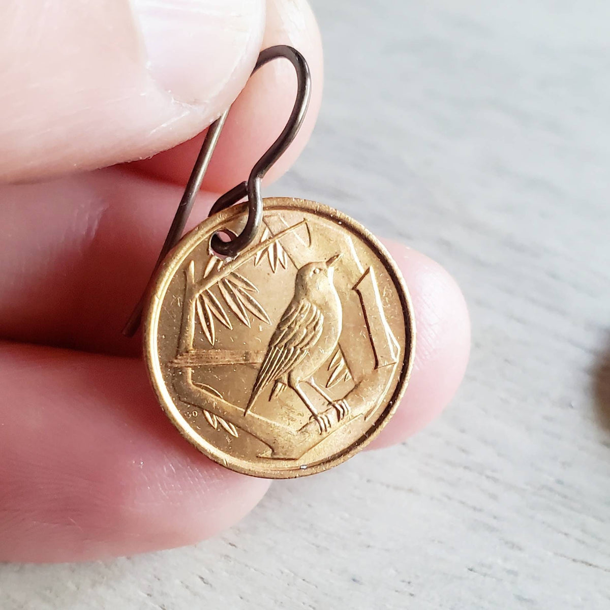 Cayman Islands Vintage Thrush Bird Coin COPPER Earrings, Solid Brass Ear Wires, Handmade Jewelry Made in USA E. Ria Designs, Gift Boxed