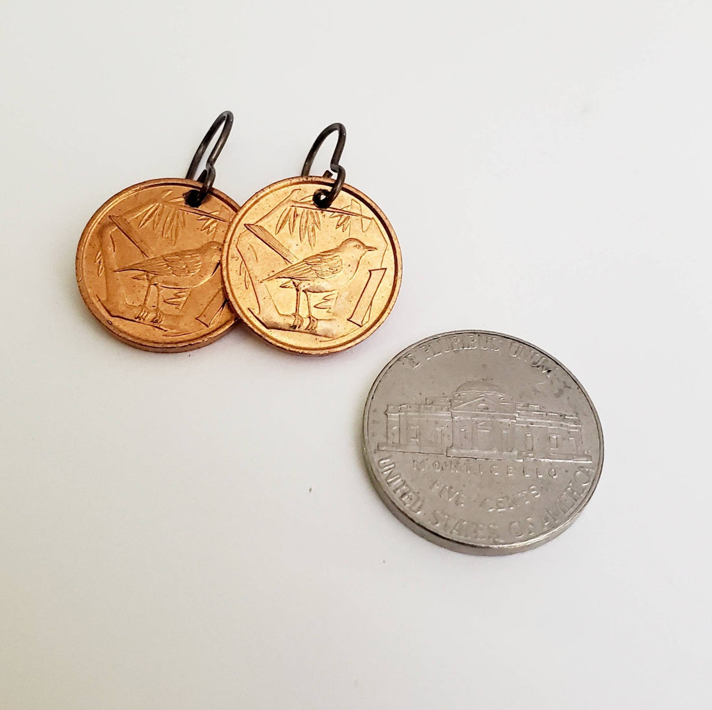 Cayman Islands Vintage Thrush Bird Coin COPPER Earrings, Solid Brass Ear Wires, Handmade Jewelry Made in USA E. Ria Designs, Gift Boxed