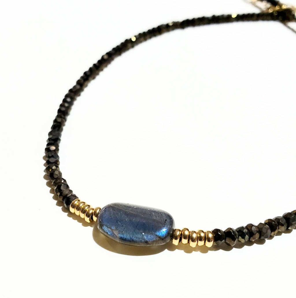 Labradorite, Pyrite, 14K Gold Filled Necklace, Blue Focal Stone, Charcoal Gray Faceted Gemstones, Round Gold Beads by E. Ria Designs
