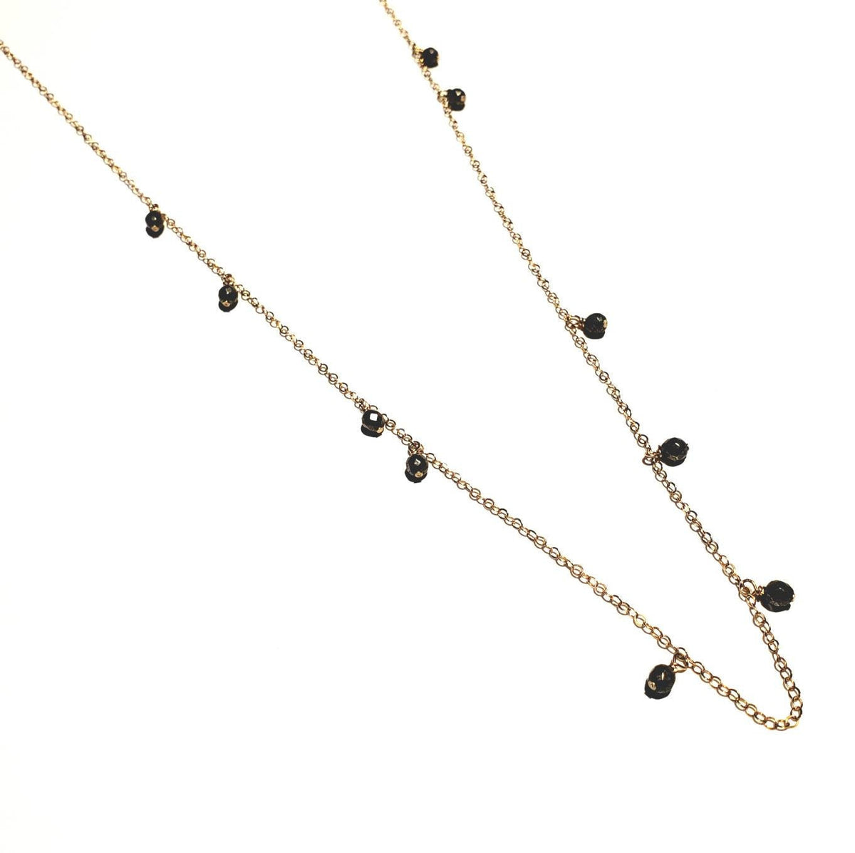 Long Gold Chain Necklace with Round Pyrite Gemstones, Asymmetrical Design, 14K Gold Filled Handcrafted in USA by E. Ria Designs