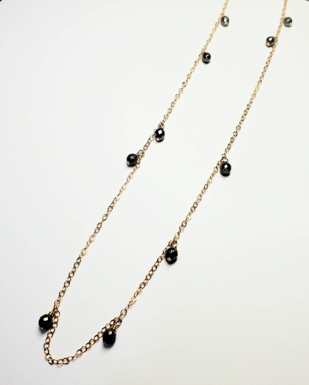 Long Gold Chain Necklace with Round Pyrite Gemstones, Asymmetrical Design, 14K Gold Filled Handcrafted in USA by E. Ria Designs
