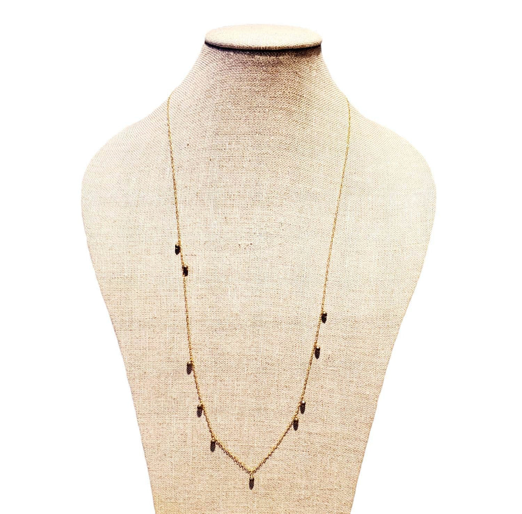 Long Gold Chain Necklace with Round Pyrite Gemstones, Asymmetrical Design, 14K Gold Filled Handcrafted in USA by E. Ria Designs
