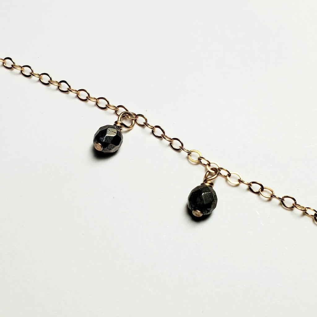 Long Gold Chain Necklace with Round Pyrite Gemstones, Asymmetrical Design, 14K Gold Filled Handcrafted in USA by E. Ria Designs