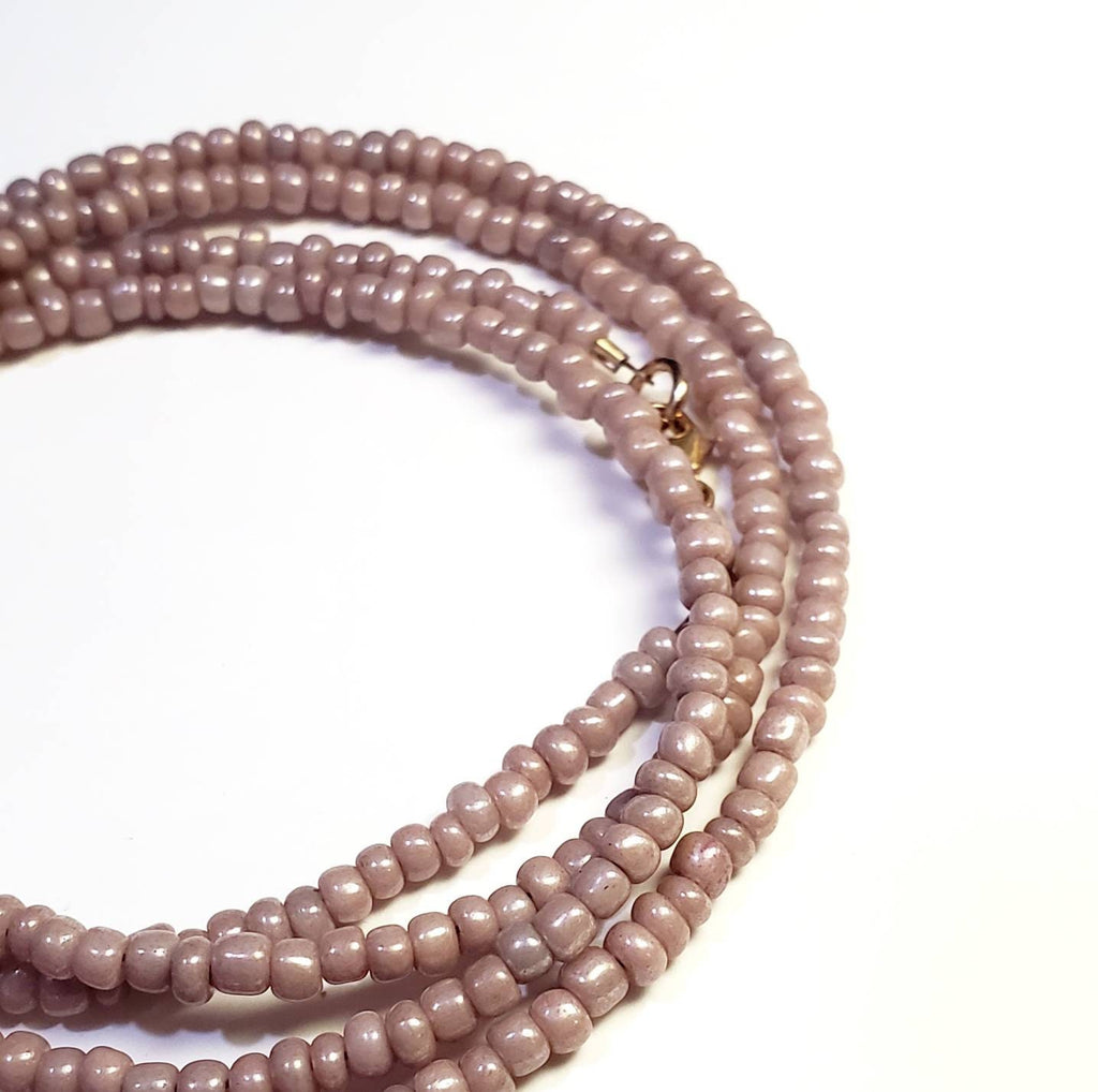 Nude Beaded Long Necklace, Layering Chain, Glass Beads, Light Tan, 14K Gold Filled Lobster Clasp, E. Ria Designs, Artisan Made Jewelry