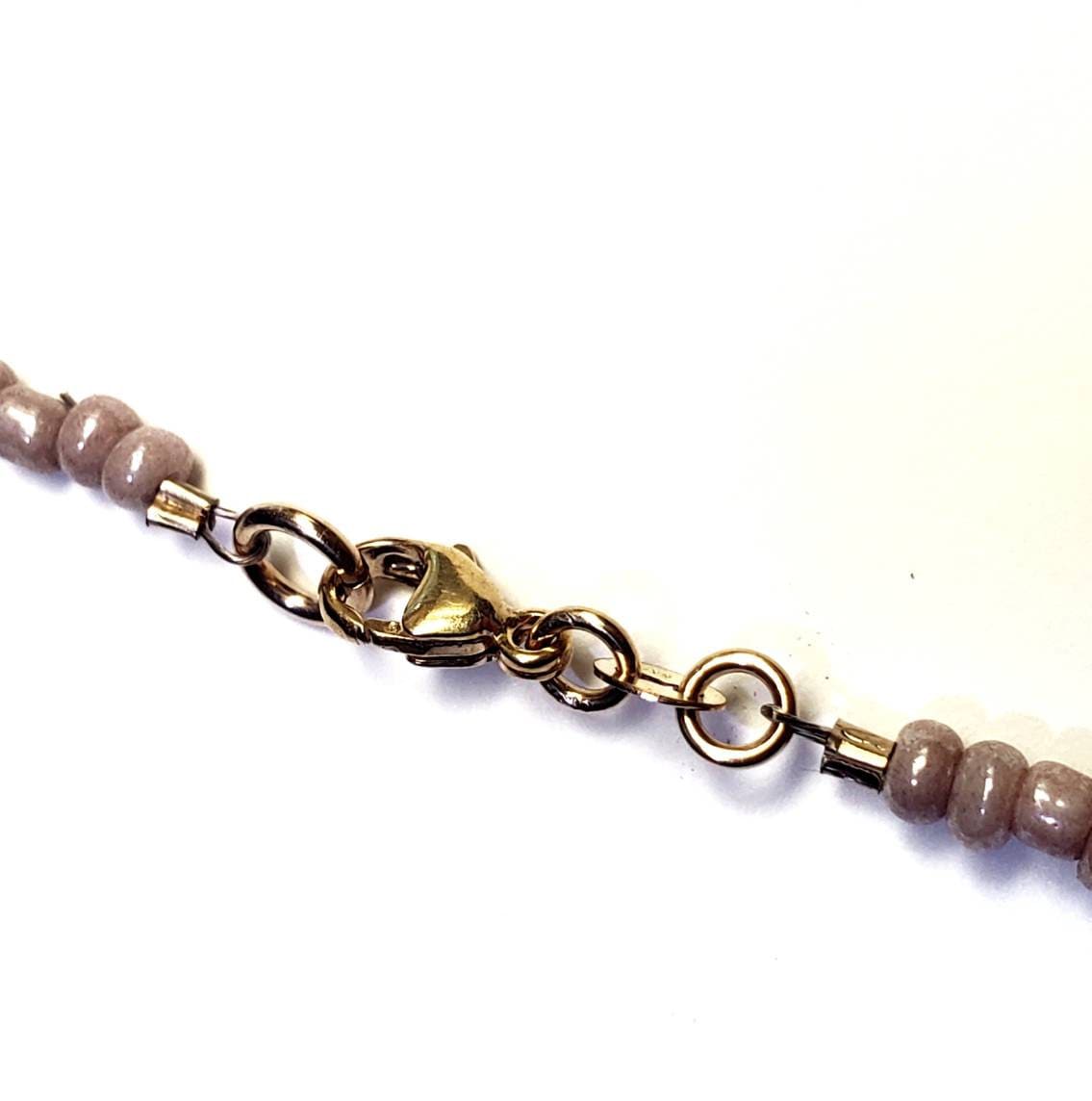 Nude Beaded Long Necklace, Layering Chain, Glass Beads, Light Tan, 14K Gold Filled Lobster Clasp, E. Ria Designs, Artisan Made Jewelry
