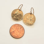 French Coin Earrings, Woman's Silhouette Gold France Five Centimes and Bronze Ear Wire, Handcrafted in USA by E. Ria Designs