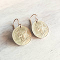 French Coin Earrings, Woman's Silhouette Gold France Five Centimes and Bronze Ear Wire, Handcrafted in USA by E. Ria Designs