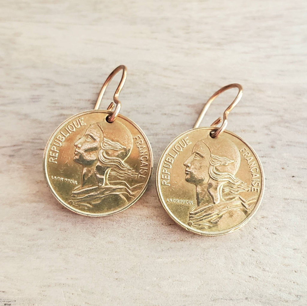 French Coin Earrings, Woman's Silhouette Gold France Five Centimes and Bronze Ear Wire, Handcrafted in USA by E. Ria Designs