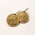 French Coin Earrings, Woman's Silhouette Gold France Five Centimes and Bronze Ear Wire, Handcrafted in USA by E. Ria Designs