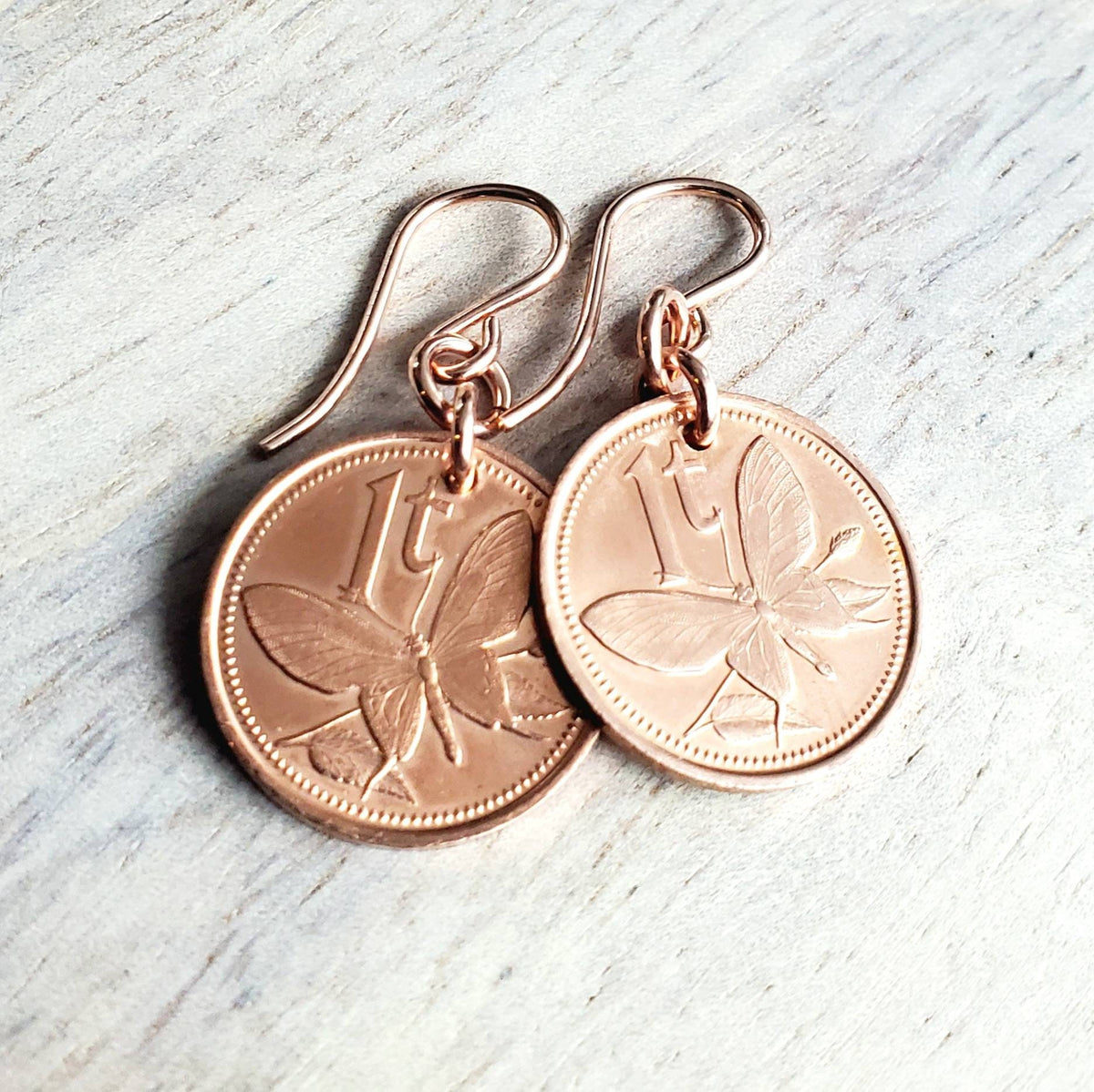 Butterfly Coin Earrings, Copper, 14K Rose Gold Filled Ear Wires, Papua New Guinea 1987 Coin Jewelry 7th Anniversary Gift By E. Ria Designs