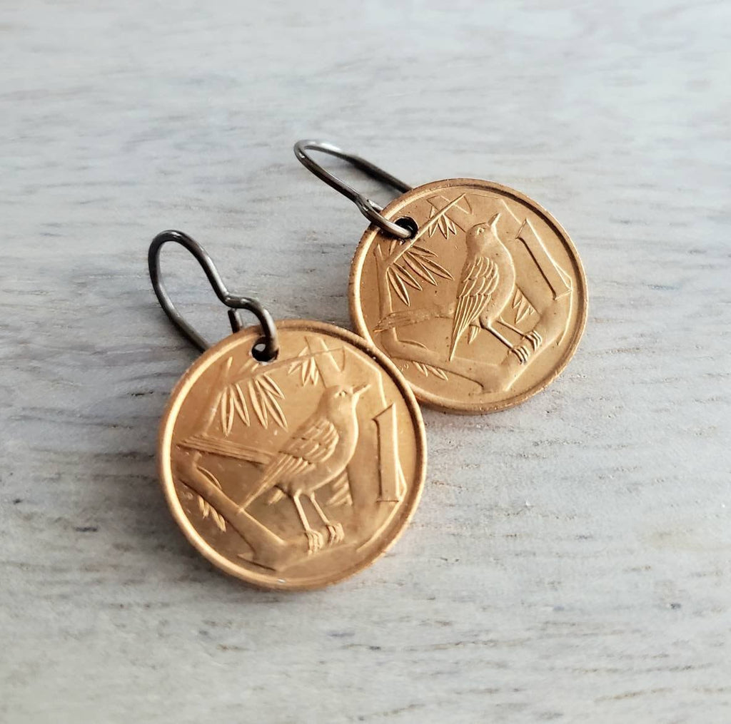 Cayman Islands Vintage Thrush Bird Coin COPPER Earrings, Solid Brass Ear Wires, Handmade Jewelry Made in USA E. Ria Designs, Gift Boxed