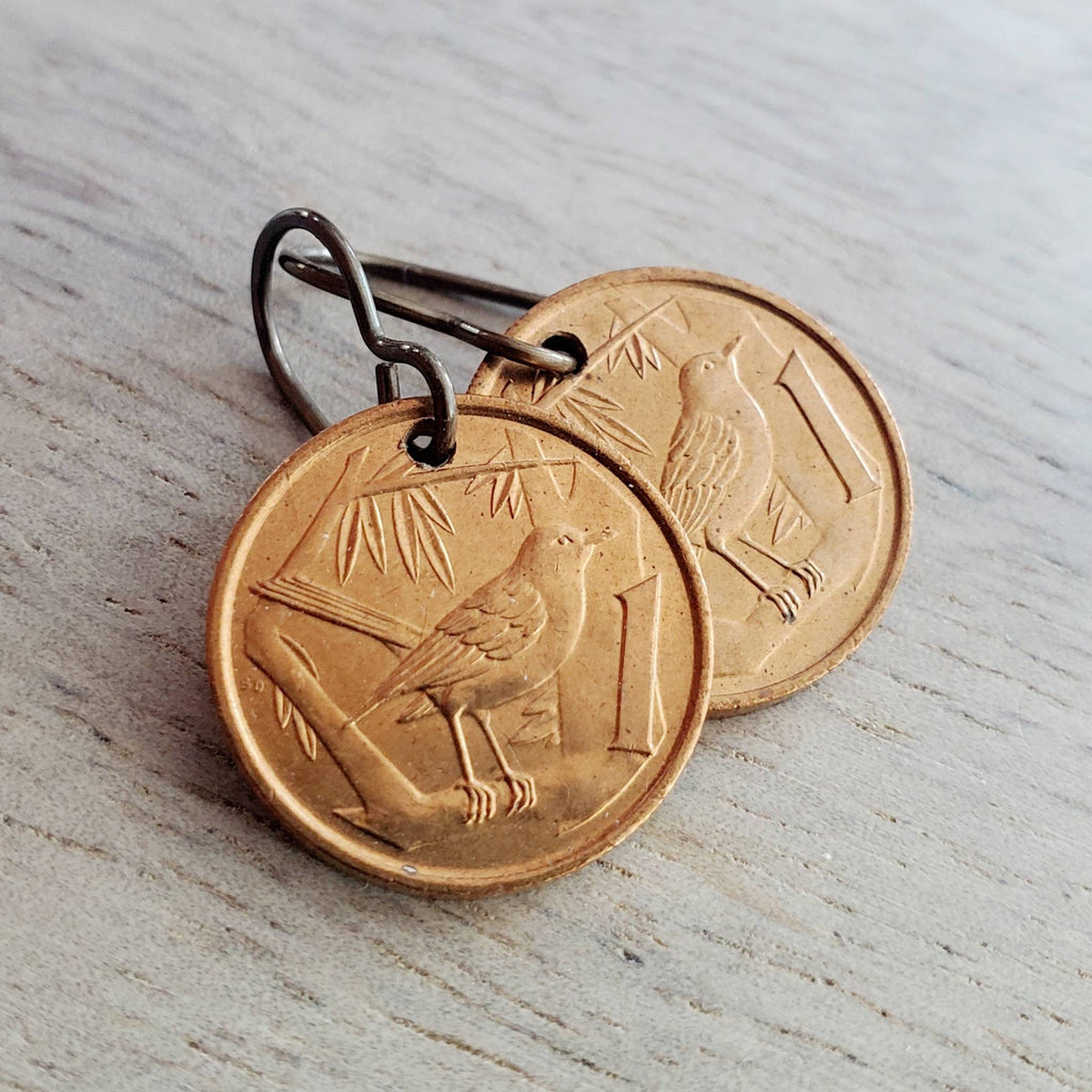 Cayman Islands Vintage Thrush Bird Coin COPPER Earrings, Solid Brass Ear Wires, Handmade Jewelry Made in USA E. Ria Designs, Gift Boxed