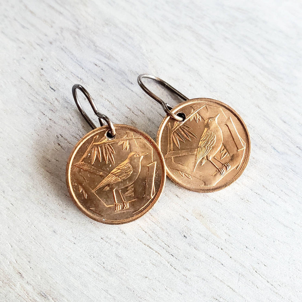 Cayman Islands Vintage Thrush Bird Coin COPPER Earrings, Solid Brass Ear Wires, Handmade Jewelry Made in USA E. Ria Designs, Gift Boxed