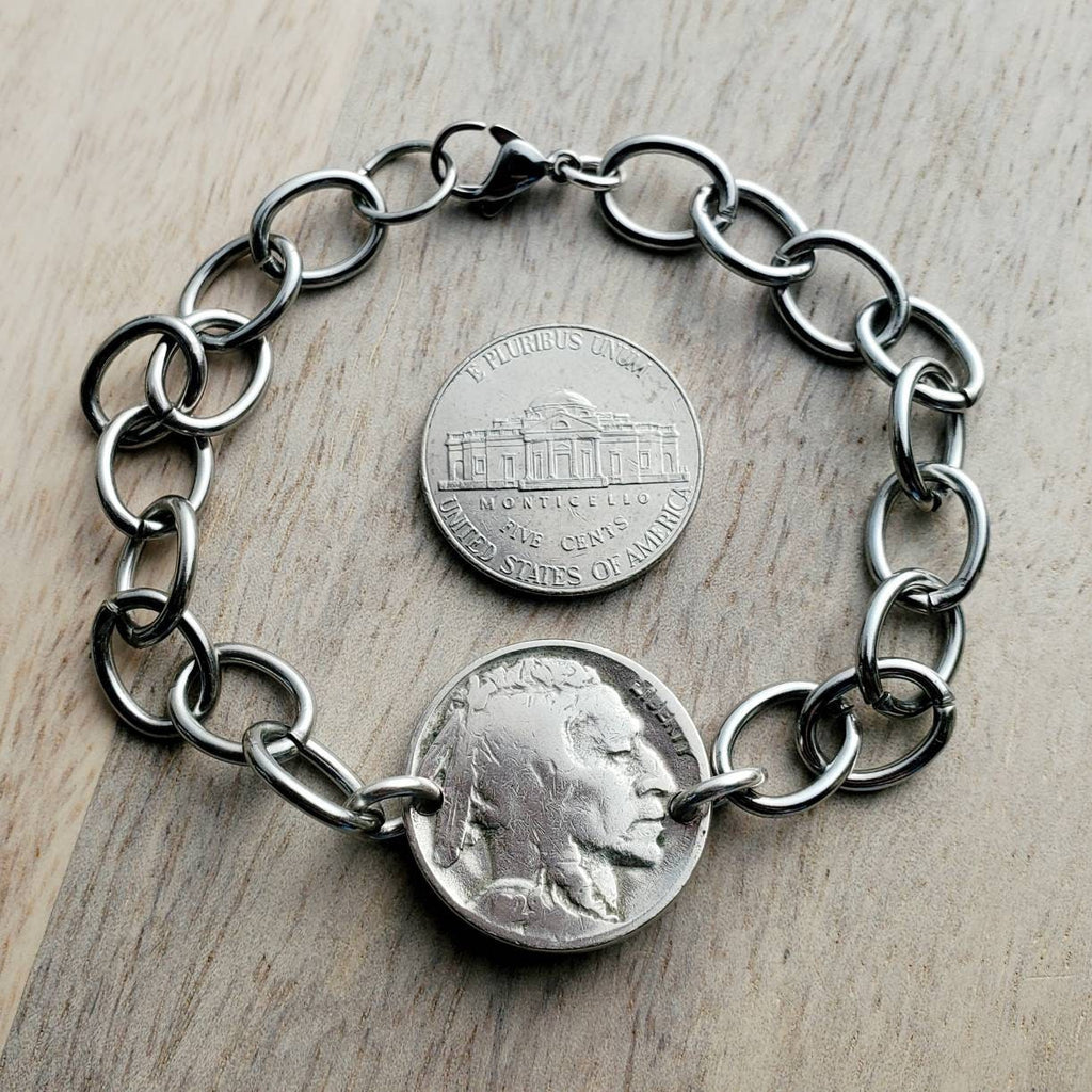 U.S. Early 1900's Buffalo Nickel Bracelet, Chunky Stainless Steel Oval Cable Chain, Lobster Claw, Bison, Indian Profile, Native American