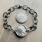 U.S. Early 1900's Buffalo Nickel Bracelet, Chunky Stainless Steel Oval Cable Chain, Lobster Claw, Bison, Indian Profile, Native American