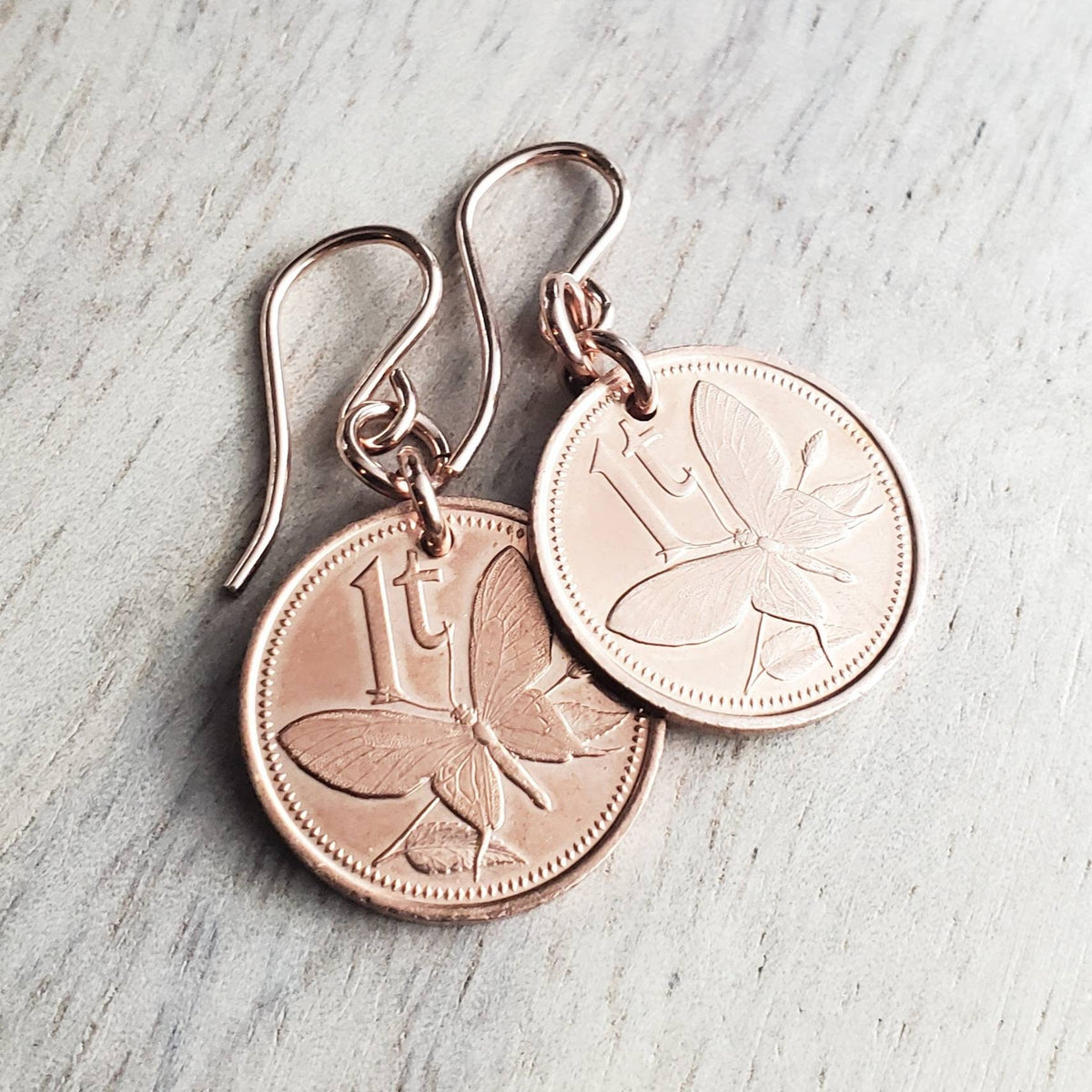 Butterfly Coin Earrings, Copper, 14K Rose Gold Filled Ear Wires, Papua New Guinea 1987 Coin Jewelry 7th Anniversary Gift By E. Ria Designs