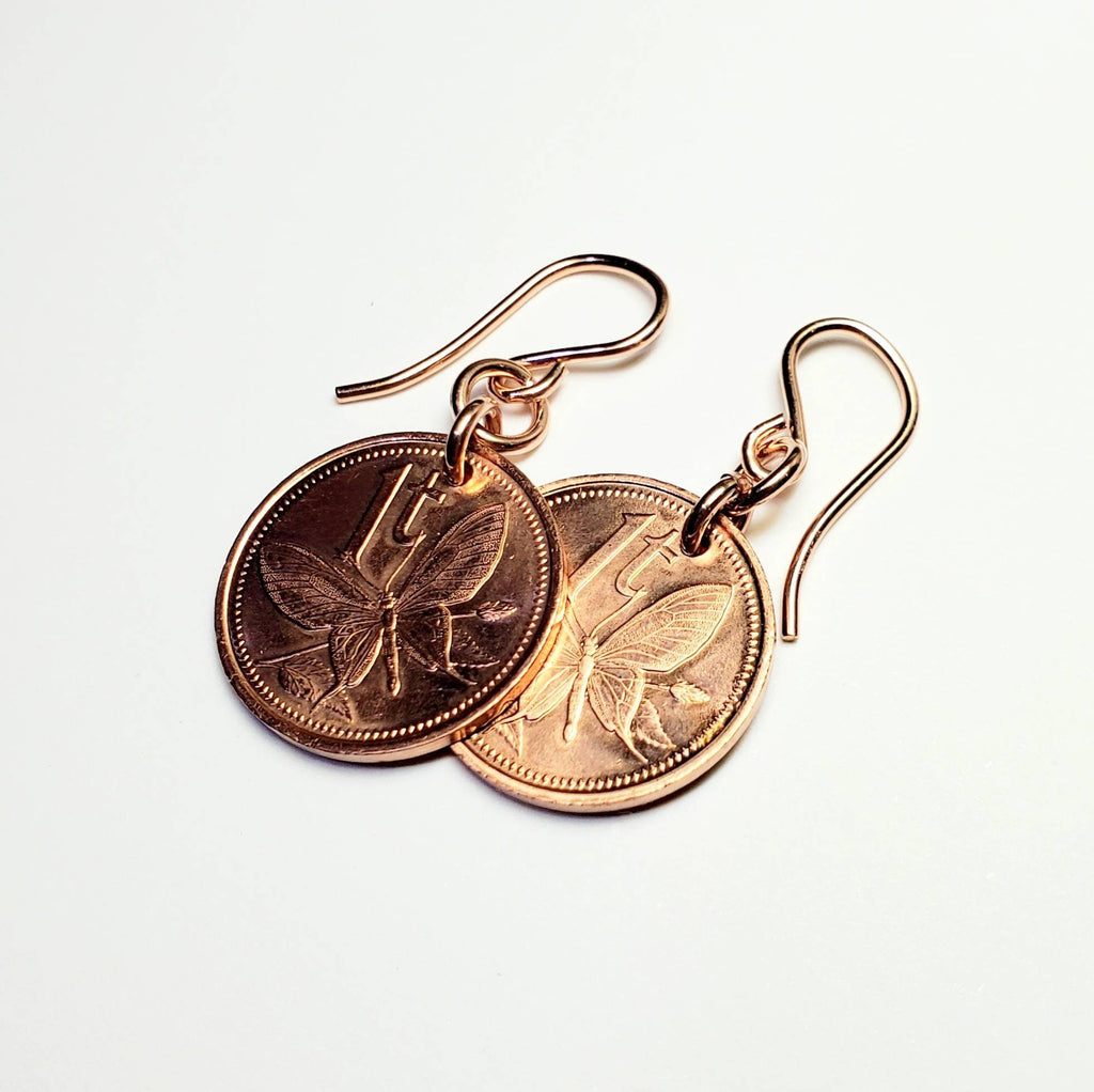 Butterfly Coin Earrings, Copper, 14K Rose Gold Filled Ear Wires, Papua New Guinea 1987 Coin Jewelry 7th Anniversary Gift By E. Ria Designs