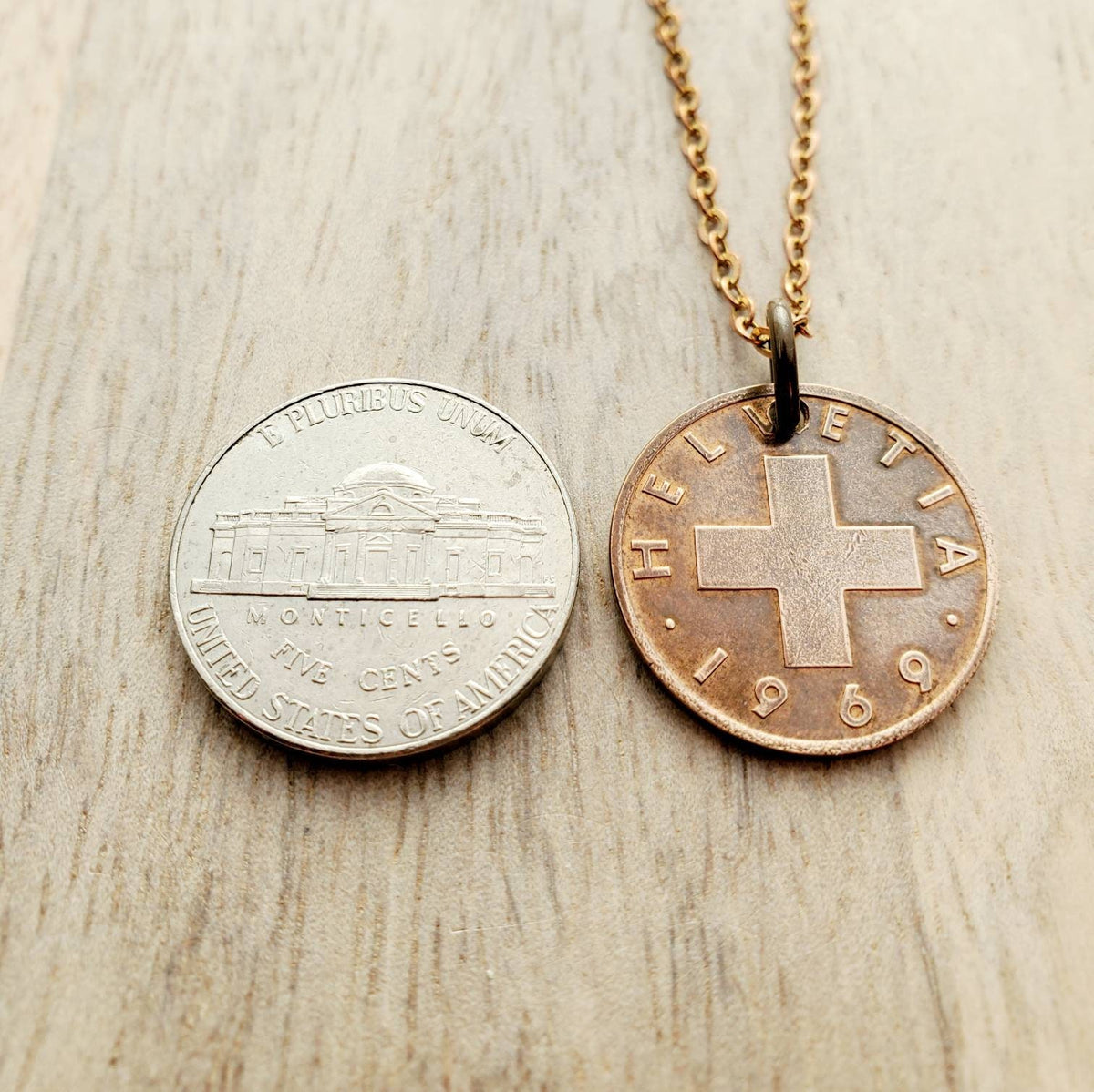 1969 Swiss Cross Coin Necklace, Switzerland (Helvetia) Vintage Coin Jewelry, Handmade by E. Ria Designs in USA, Number 2, Wheat Motif