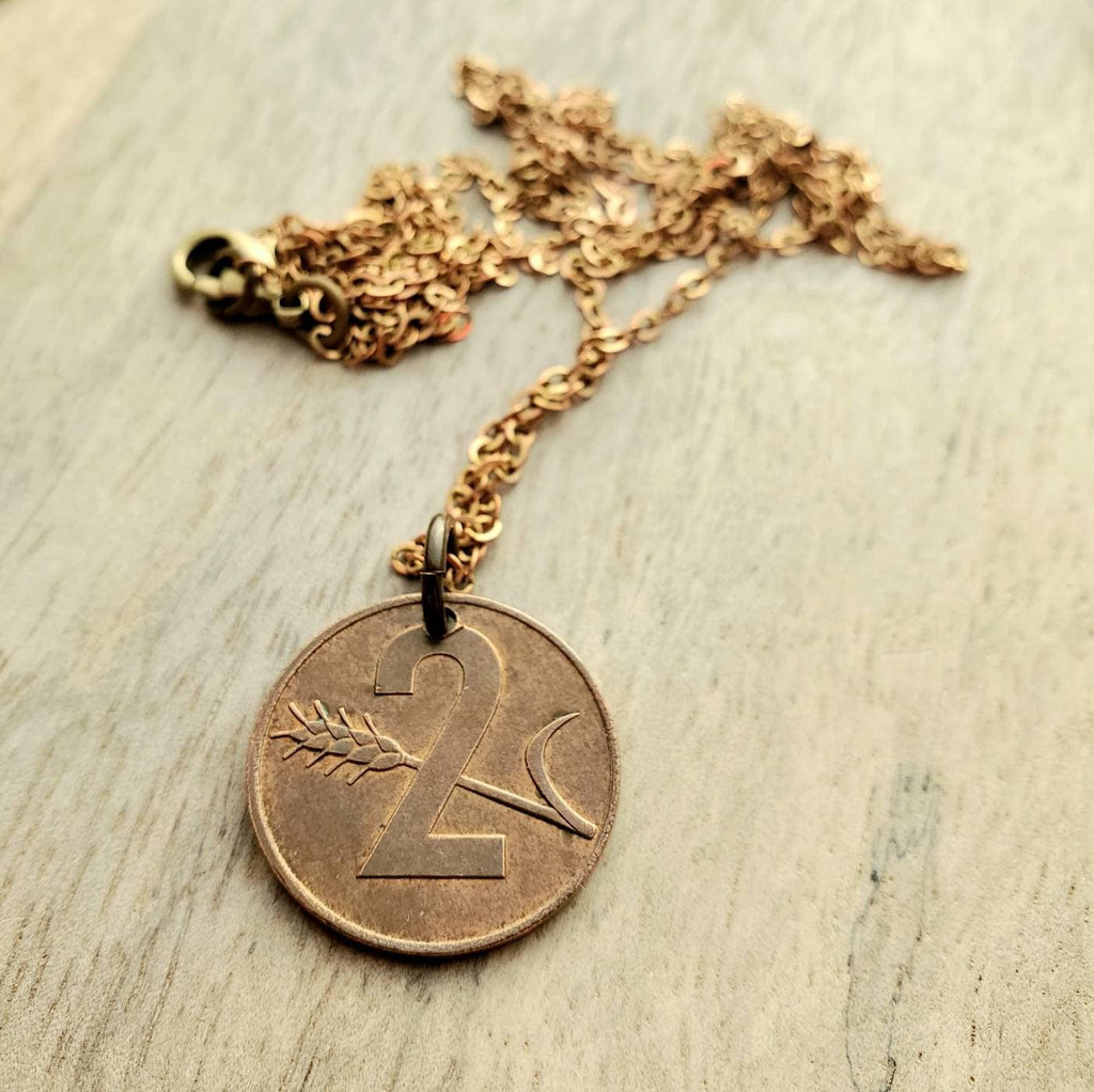 1969 Swiss Cross Coin Necklace, Switzerland (Helvetia) Vintage Coin Jewelry, Handmade by E. Ria Designs in USA, Number 2, Wheat Motif
