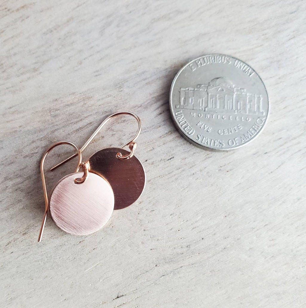 Rose Gold Circle Coin Earrings, 14K Rose Gold Filled, French Ear Wires, Everyday Earrings Handcrafted in USA by E. Ria Designs, Gift Boxed
