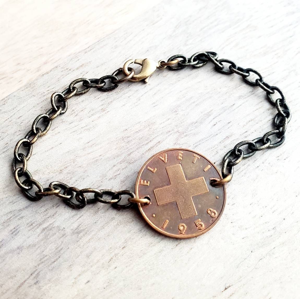 Swiss Cross Bracelet, 1948, 1955 or 1958 Switzerland Coin, Antiqued Brass Bracelet, Helvetia 2 Wheat Coin, Artisan Jewelry by E. Ria Designs