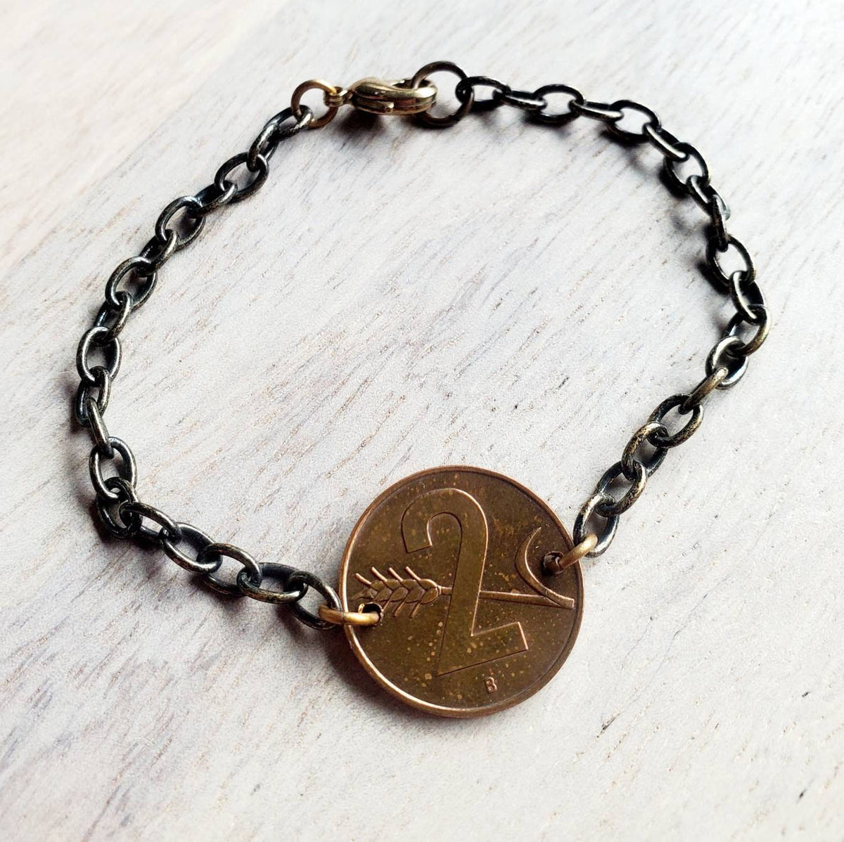 Swiss Cross Bracelet, 1948, 1955 or 1958 Switzerland Coin, Antiqued Brass Bracelet, Helvetia 2 Wheat Coin, Artisan Jewelry by E. Ria Designs