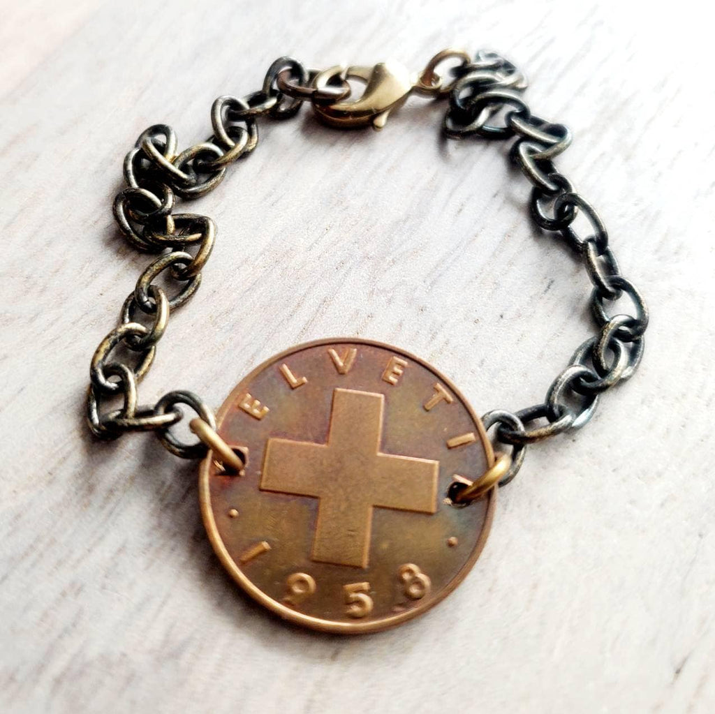 Swiss Cross Bracelet, 1948, 1955 or 1958 Switzerland Coin, Antiqued Brass Bracelet, Helvetia 2 Wheat Coin, Artisan Jewelry by E. Ria Designs