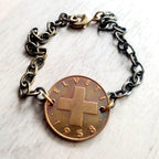 Swiss Cross Bracelet, 1948, 1955 or 1958 Switzerland Coin, Antiqued Brass Bracelet, Helvetia 2 Wheat Coin, Artisan Jewelry by E. Ria Designs