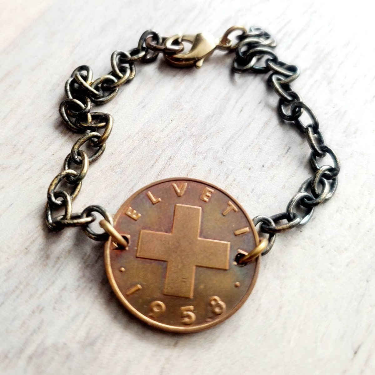 Swiss Cross Bracelet, 1948, 1955 or 1958 Switzerland Coin, Antiqued Brass Bracelet, Helvetia 2 Wheat Coin, Artisan Jewelry by E. Ria Designs