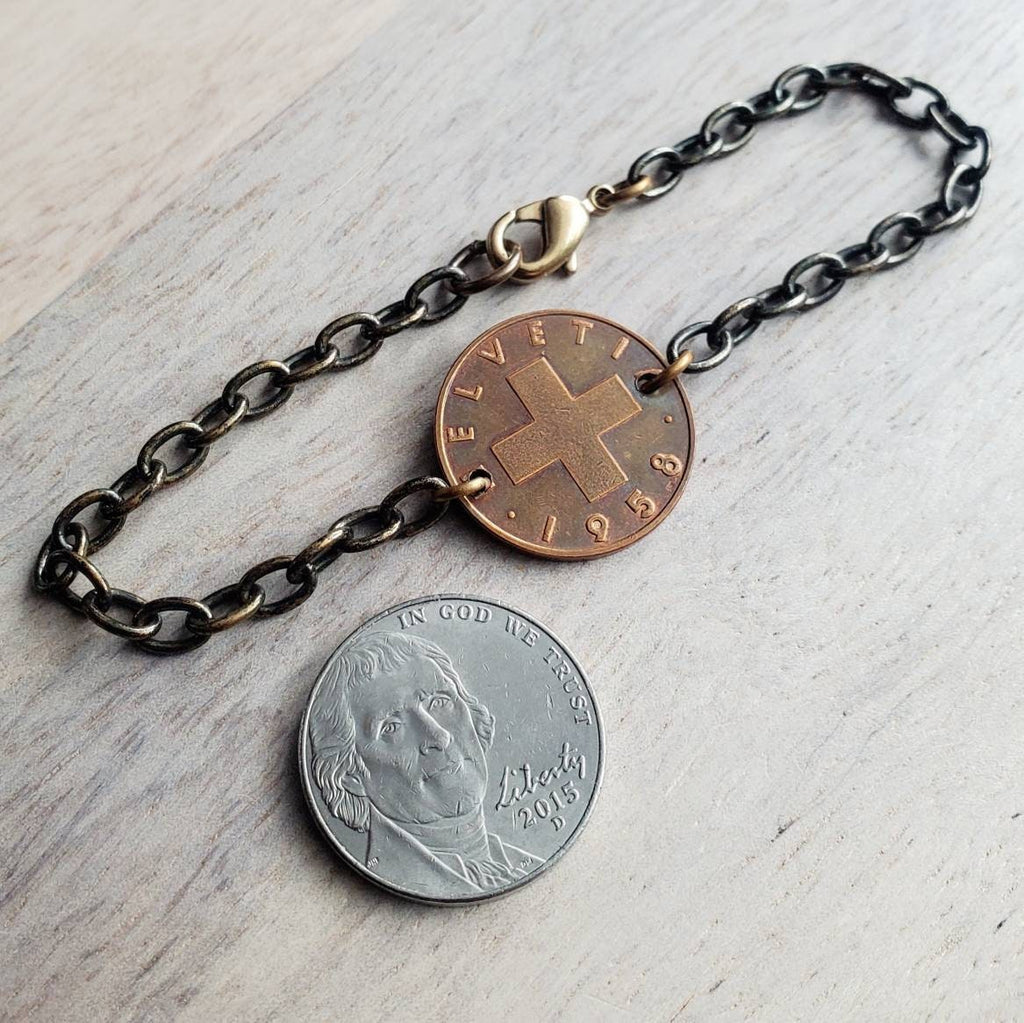 Swiss Cross Bracelet, 1948, 1955 or 1958 Switzerland Coin, Antiqued Brass Bracelet, Helvetia 2 Wheat Coin, Artisan Jewelry by E. Ria Designs