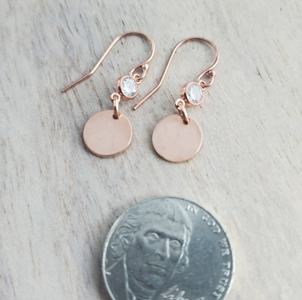 Rose Gold Circle Coin and Cubic Zirconia (CZ) Earrings, 14K Rose Gold Filled, French Ear Wires Handcrafted in USA by E. Ria Designs