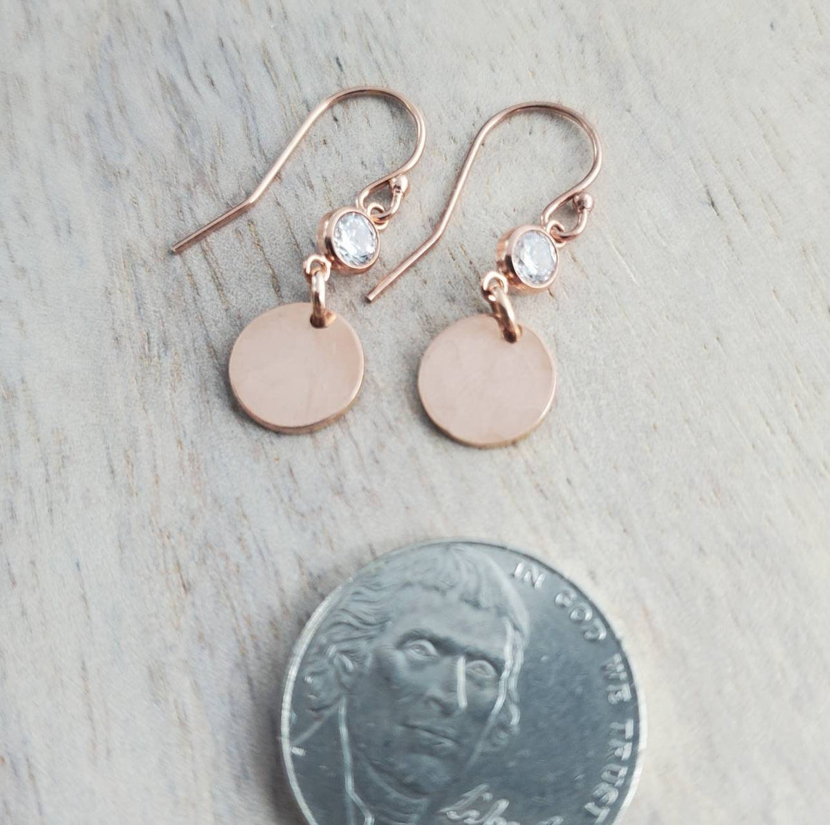 Rose Gold Circle Coin and Cubic Zirconia (CZ) Earrings, 14K Rose Gold Filled, French Ear Wires Handcrafted in USA by E. Ria Designs