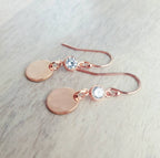 Rose Gold Circle Coin and Cubic Zirconia (CZ) Earrings, 14K Rose Gold Filled, French Ear Wires Handcrafted in USA by E. Ria Designs