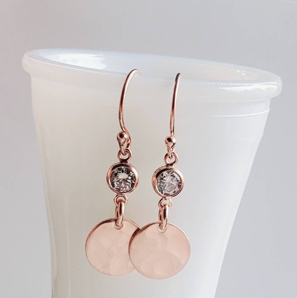 Rose Gold Circle Coin and Cubic Zirconia (CZ) Earrings, 14K Rose Gold Filled, French Ear Wires Handcrafted in USA by E. Ria Designs