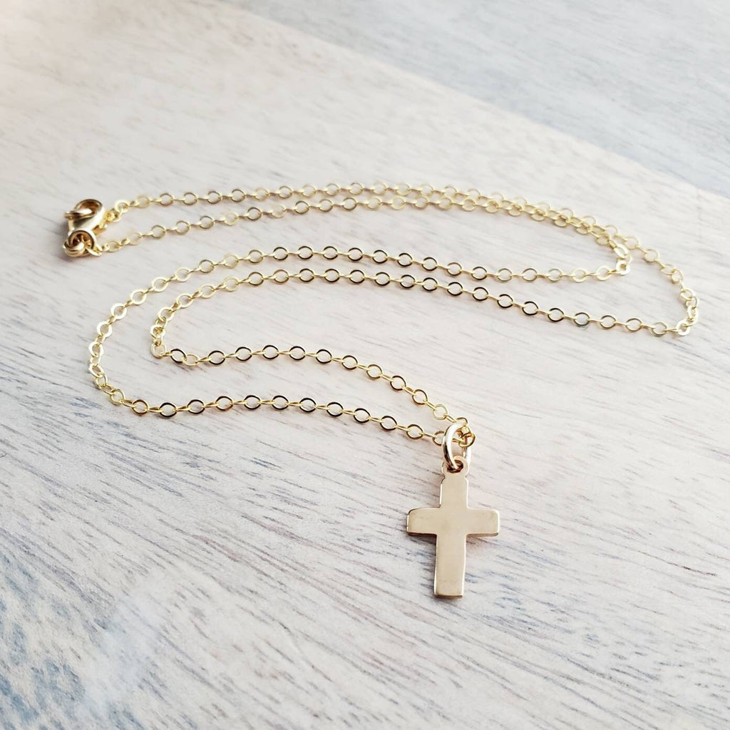 Simple Gold Cross Necklace, 14K Gold Filled Christian Cross Charm Pendant on 14K Gold Filled Cable Chain, Handcrafted in USA, E. Ria Designs