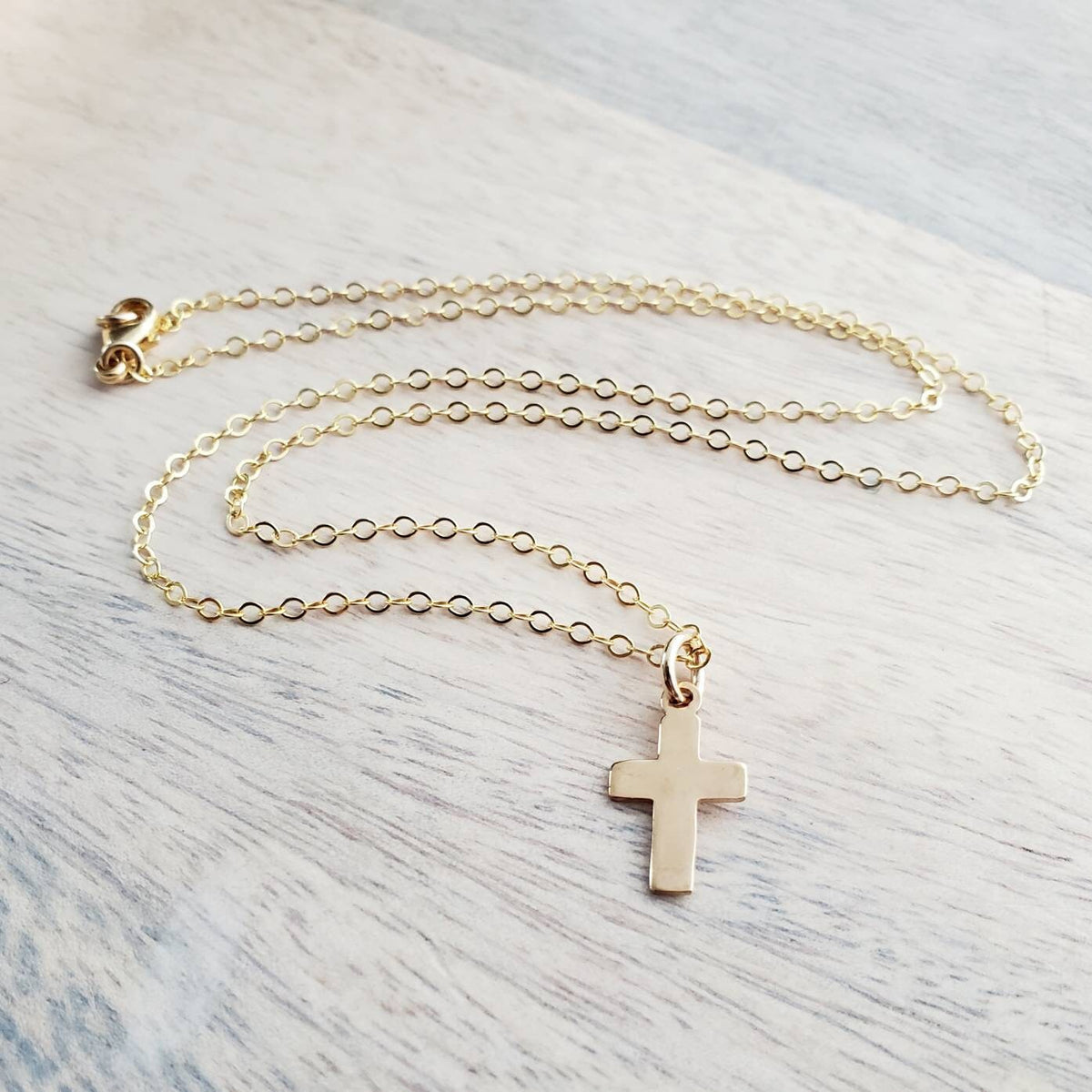 Simple Gold Cross Necklace, 14K Gold Filled Christian Cross Charm Pendant on 14K Gold Filled Cable Chain, Handcrafted in USA, E. Ria Designs