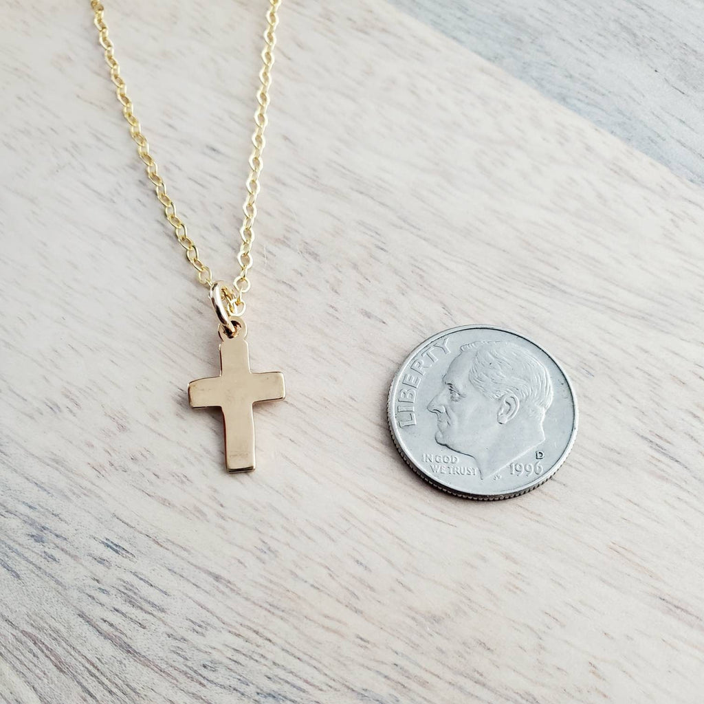 Simple Gold Cross Necklace, 14K Gold Filled Christian Cross Charm Pendant on 14K Gold Filled Cable Chain, Handcrafted in USA, E. Ria Designs