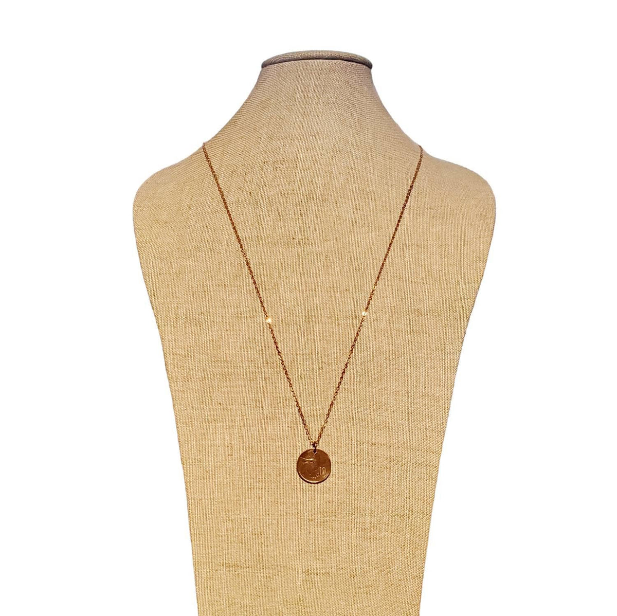 Italian Honeybee Flower Coin Necklace, Early 1900's Italy Honey Bee 10 Copper Coin Charm, Handmade Jewelry by E. Ria Designs