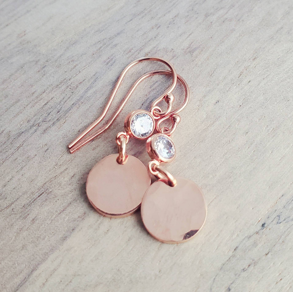 Rose Gold Circle Coin and Cubic Zirconia (CZ) Earrings, 14K Rose Gold Filled, French Ear Wires Handcrafted in USA by E. Ria Designs