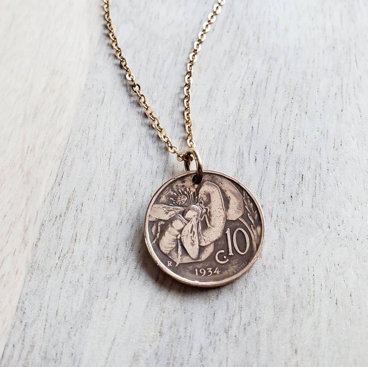 Italian Honeybee Flower Coin Necklace, Early 1900's Italy Honey Bee 10 Copper Coin Charm, Handmade Jewelry by E. Ria Designs