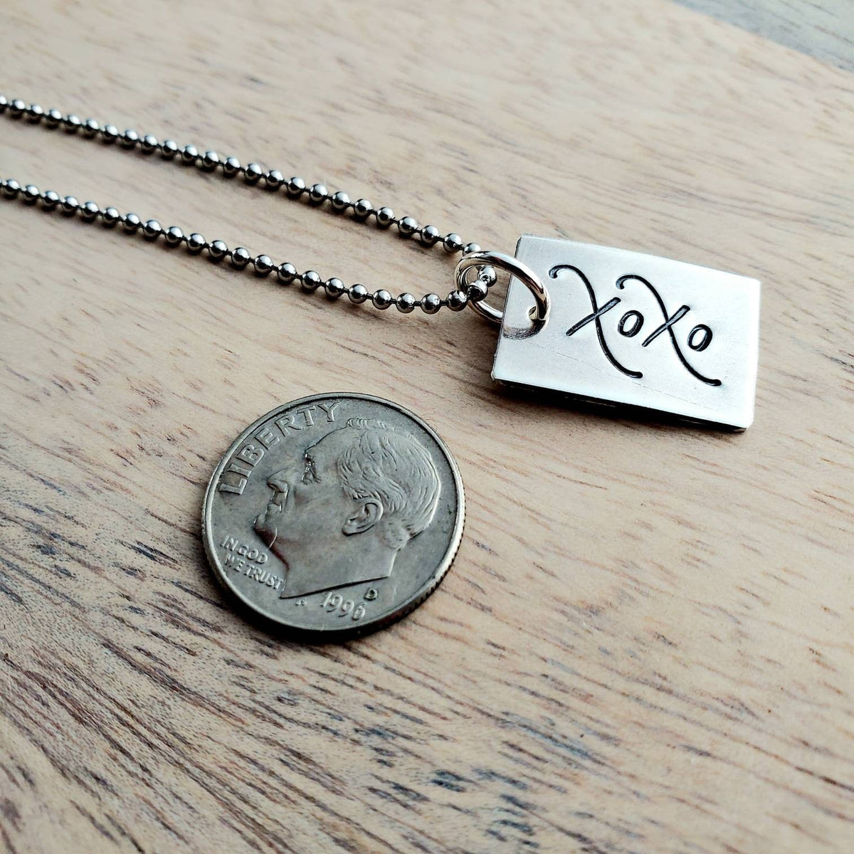 XOXO Silver Charm Necklace, Hand Stamped Cursive Letter Pendant, .925 Sterling Silver, Oxidized/ Antiqued Rectangle Jewelry, E. Ria Designs