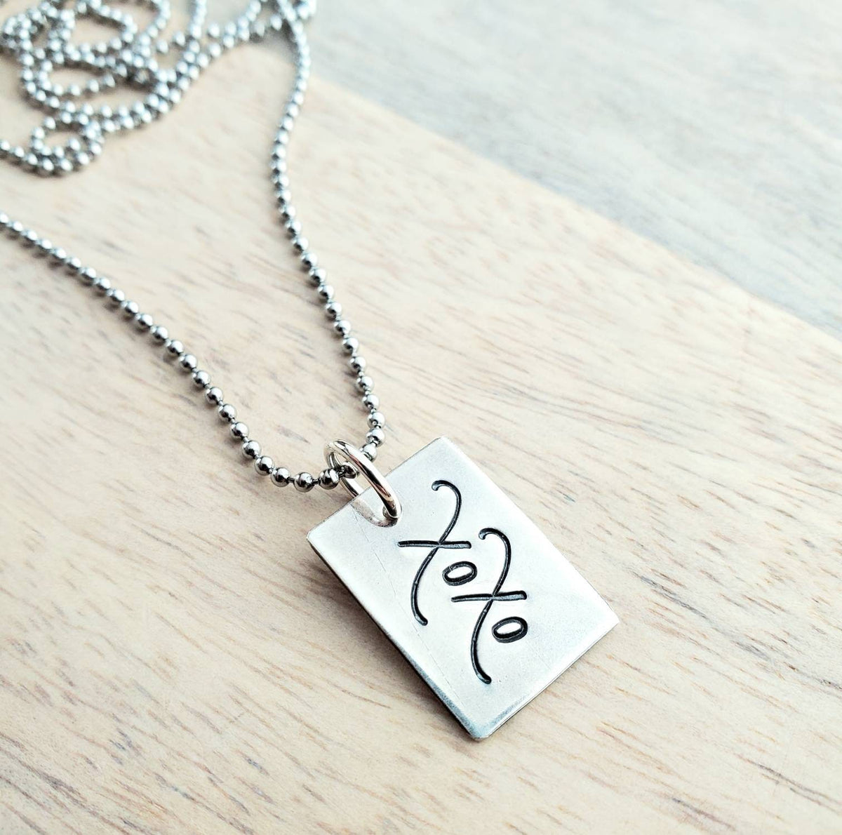 XOXO Silver Charm Necklace, Hand Stamped Cursive Letter Pendant, .925 Sterling Silver, Oxidized/ Antiqued Rectangle Jewelry, E. Ria Designs