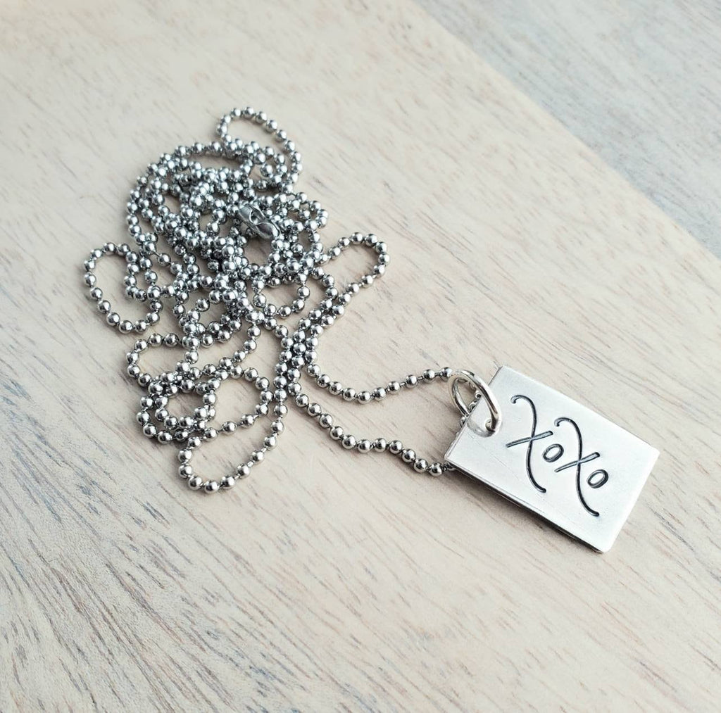 XOXO Silver Charm Necklace, Hand Stamped Cursive Letter Pendant, .925 Sterling Silver, Oxidized/ Antiqued Rectangle Jewelry, E. Ria Designs