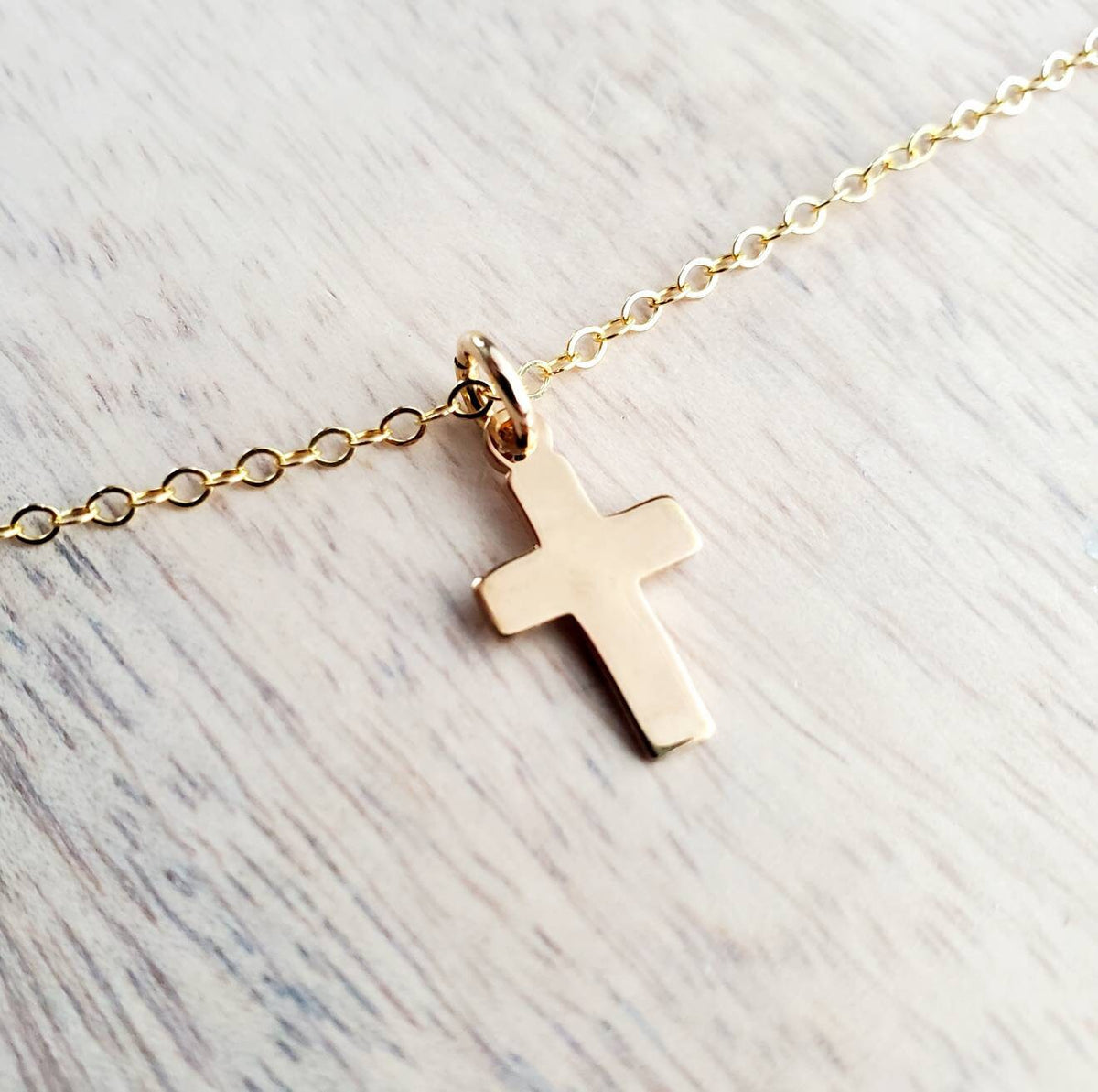 Simple Gold Cross Necklace, 14K Gold Filled Christian Cross Charm Pendant on 14K Gold Filled Cable Chain, Handcrafted in USA, E. Ria Designs